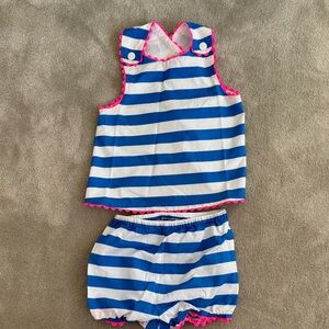 Jacadi girls Blue and White Striped Outfit set with Pink Trim, size 36m